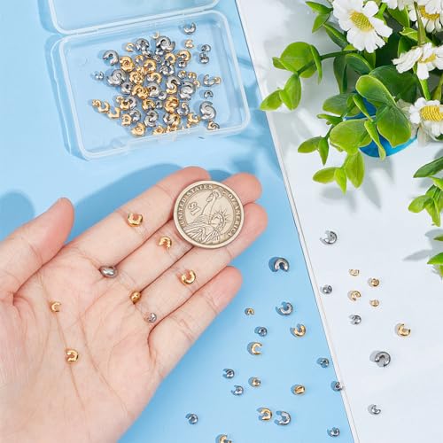 UNICRAFTALE 160Pcs 2 Colors 4 Sizes Stainless Steel Crimp Beads Covers Metal Half Round Spacer Beads Small Crimp Beads DIY Bracelet Crimping Beads for Jewelry Making - size: 3-6.5mm