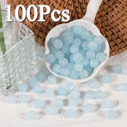 100Pcs Glass Beads 10mm Round Moon Frosted Cracked Water-Activated Transparent Glazed Beads, Ideal for DIY Bracelets Necklaces Phone Charms Craft Supplies (Blue) - color: Blue
