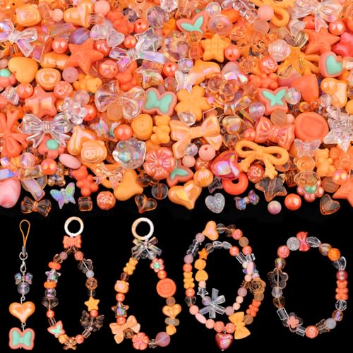 200-260PCS TINKRSTUFF Assorted Orange Acrylic Beads for Bracelet Making,Cute Beads for Jewelry Making Flower Bow Butterfly Candy GummyBear Aesthetic Bracelet Charms, DIY Necklace Keychain Phone Charm - color: ORANGE