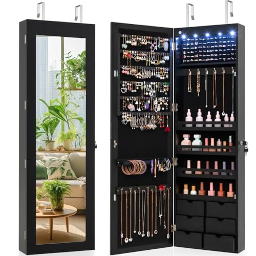 Giantex Wall Door Mounted Jewelry Cabinet with Full Length Mirror, Lockable Over Door Jewelry Armoire with LED Lights, 47.5" Large Jewelry Storage Organizer with 6 Drawers, Black - color: Black, size: 47.5'' (With Light)