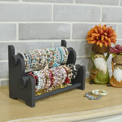 Ikee Design 2 Pcs Set Wooden 2-Tier Bar Bracelet Bangle Jewelry Display Organizer Stand, Wood Bracelet Bangle Holder, 11.75 W x 5.38 D x 8 H in,Black Color - color: Black, 2 Pieces