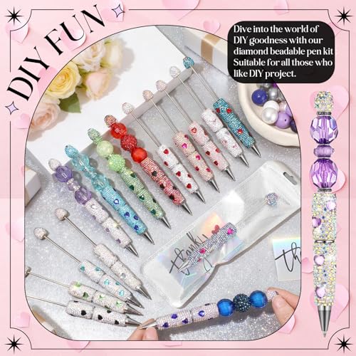 Tondiamo 45 Pcs Full Rhinestone Beadable Pens Bulk Set 15 Glitter Diamond Pens with Cards & Bags Fancy Beaded Pen for Beads DIY Cute Journalling Bling Ballpoint Craft Making(Heart Full Diamonds) - style: Heart Full Diamonds
