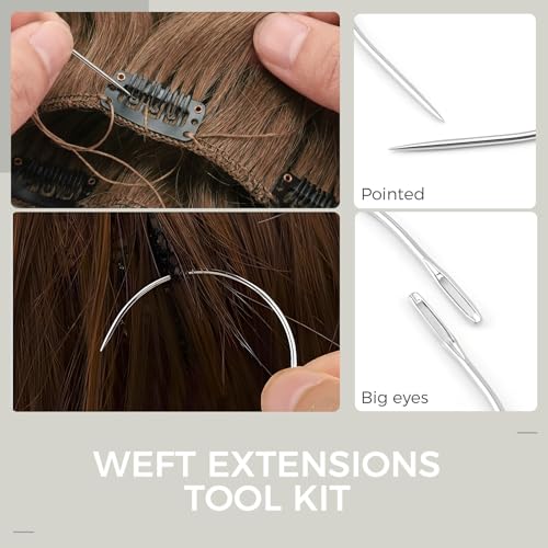 Hair Extension Tools Kit, 2500 Silicone Lined Ring Beads, 8 C/J/I Hair Needles, 5 Rolls Sewing Thread, Sew in Hair Extensions Kit for Hair Styling & Wig DIY Craft - color: Brown