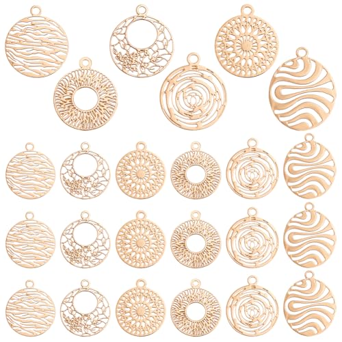PH PandaHall 120pcs 6 Styles Brass Filigree Pendants, Flat Round Gold Charms Bulk Metal Pendants Hollow Metal Charms for DIY Bracelet Earring Necklace Jewelry Making