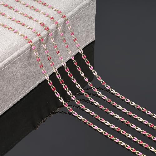 YOUBEIYEE Rose Pink Enamel Cable Chain for Jewelry Making Gold Plated Brass Jewelry Chain Roll with Jump Rings and Lobster Clasps - color: Rose Pink