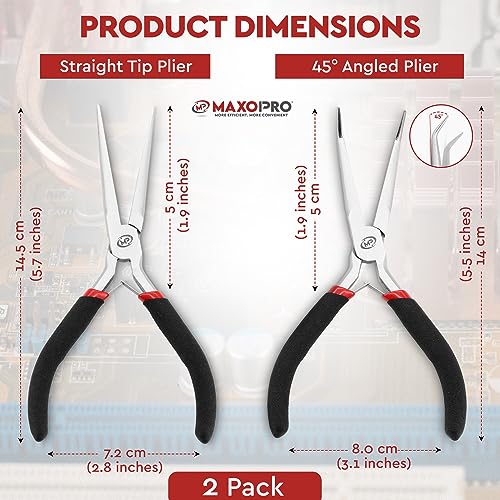 Premium 6 Inch Mini Needle Nose Pliers Set - 2 PCs Bent and Straight Long Nose Pliers with Comfort Grip - Non-Serrated Rust-Proof Long Reach Jewelry Pliers for Jewelry Making, Handmade Craft