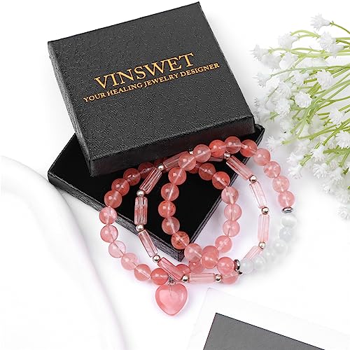Vinswet Healing Crystal Beaded Bracelets for Women,Natural Amethyst Gemstones Bracelet,Anxiety Stress Relief Heart Charm Bracelet Handmade purple Jewelry Gifts for Women - color: Watermelon crystal&Moonstone