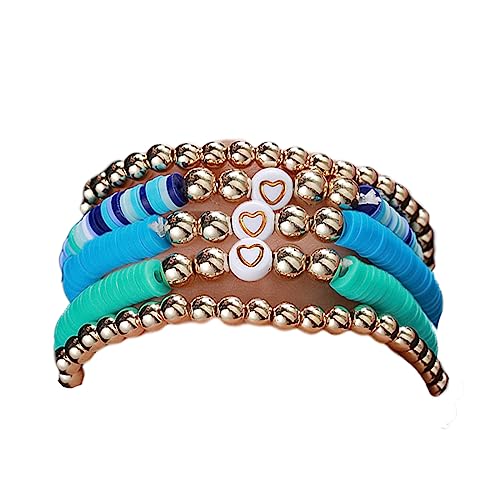 COLORFUL BLING 5-12Pcs Bohemian Love Heart Bead Bracelets for Women Vinyl Disc Heishi Surfer Stackable Stretch Bracelet Summer Beach Boho Jewelry - color: 5pcs blue