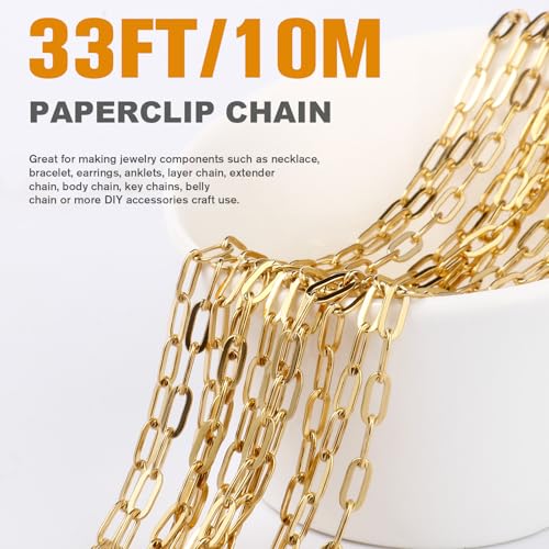 33FT 18K Gold PVD Plated Paperclip Chains Roll, 3.3mm Gold Stainless Steel Oval Link Chains Spool Bulk for DIY Jewelry Making Necklace Bracelet - color: 18k gold(3.3mm)