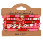 6PCS Valentine’s Day Clay Heishi Bracelet Set for Women- Red Pink Heart Love KISS XOXO Beaded Stretch Bracelets - Handmade Polymer Clay Crystal Glass Stackable Jewelry Gift for Galentine's Anniversary - color: LOVE-04