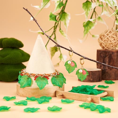 Crafans 100Pcs Frosted Acrylic Leaf Charms 24x22.5x3mm Transparent Plant Pendants Matte Clear Leaves Beads Charms for Jewelry Making (Green) - color: Green