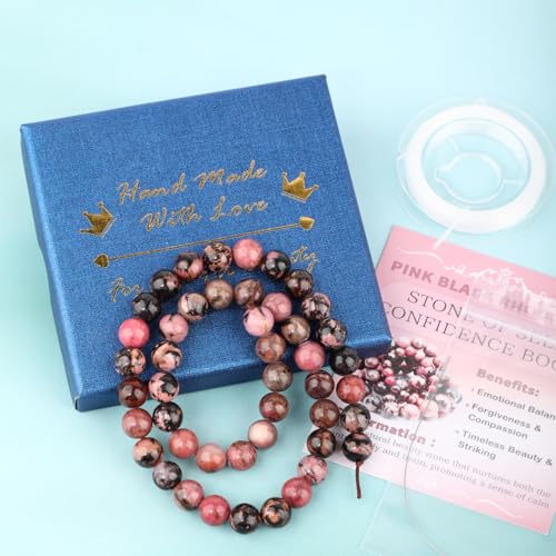 Natural Stone Beads Round Genuine Real Stone Beading Strand Loose Gemstones DIY Smooth Bead for Bracelet Necklace Earrings Jewelry Making (Pink Black Rhodonite, 8mm 45 Pieces) - color: Pink Black Rhodonite, size: 8mm 45pcs