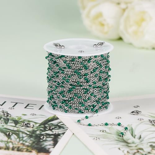 UMAOKANG 33 Feet Green Enamel Beaded Chain for Jewelry Making Stainless Steel Thin Chains Necklace Bracelet DIY Bulk Chain - color: Green-Silver