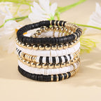 Pingyongchang Heishi Gold Beaded Bracelets Set for Women Men Bohemian Polymer Clay Colorful Surfer Vinyl Disc Stretch Layering Stackable Friendship Boho Bracelet Summer Beach Jewelry Gifts - color: Black