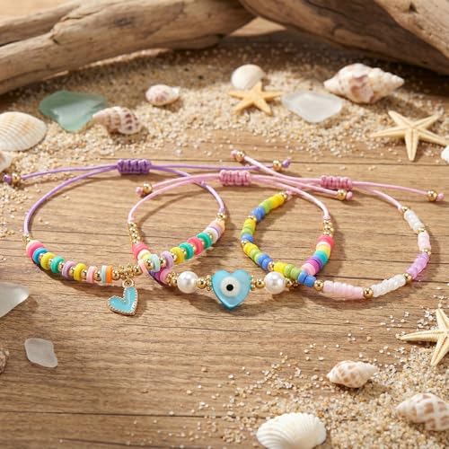 Evil Eye Heart Charm Stackable String Rope Colorful Beaded Bracelets Set For Women, Boho Handmade Adjustable Protection Lucky Gold Jewelry, Daily Party Friendship Gift - color: Pink