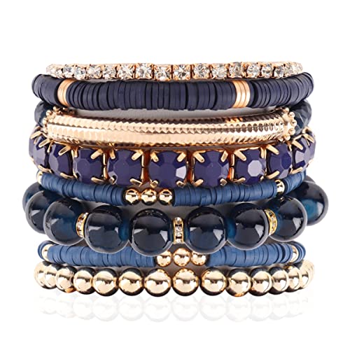 RIAH FASHION Multi Color Stretch Beaded Stackable Bracelets - Layering Bead Strand Statement Wrap Bangles - color: Boho Mix - Sapphire, size: 7.0 Inches Length