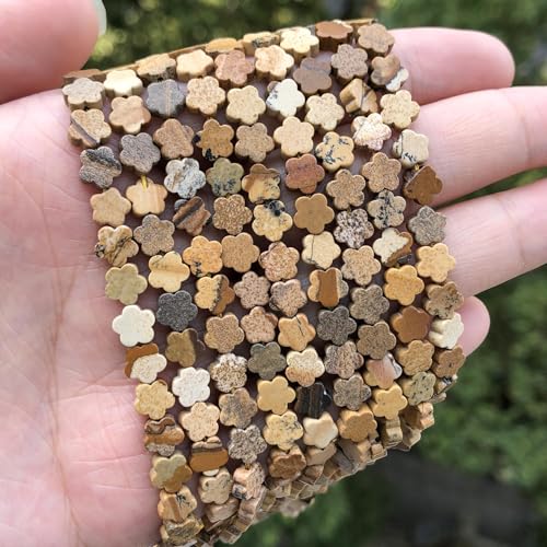 Songxi 60pcs 6mm Picture Plum Blossom Natural Stone Beads for Jewelry Making, Smooth Loose Flower Shape Gemstone Beads for Bracelets Necklace Earrings Making Supplies ﻿ - color: Picture Stone