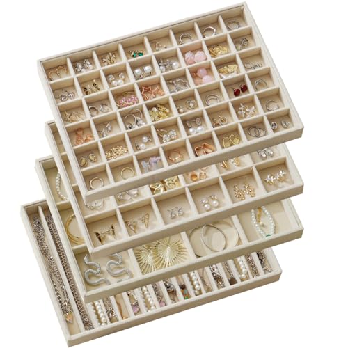Large Jewelry Drawer Organizer Trays Set of 4, Stackable Velvet Jewelry Trays Organizer Holder Display Storage Showcase for Earring Necklace Bracelet Ring Accessary (Beige, 12+17+24+48 Grids) - color: Beige, size: 12+17+24+48 Grids