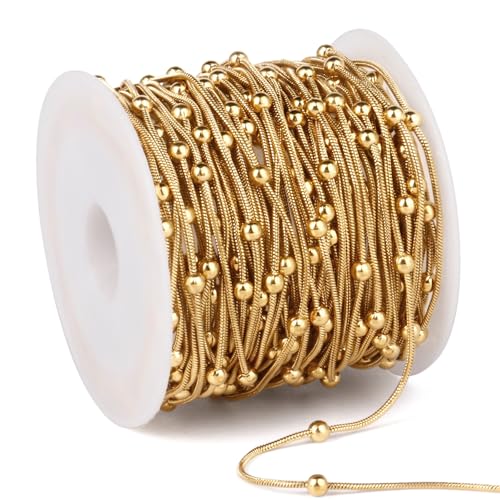 33 Feet Gold Snake Chains Roll, 1mm 18K Gold PVD Plated 304 Stainless Steel Round Satellite Snake Chain Bulk Spool for Jewelry Making DIY Craft - color: Big Beads Gold Satellite Snake Chains