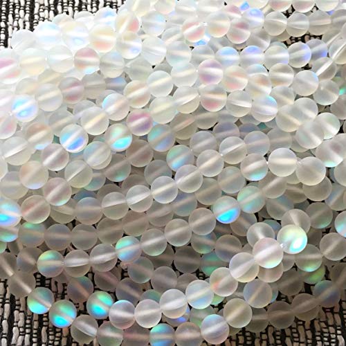 48PCS 8mm Natural Mystic Aura Quartz Gemstone Frosted Matte Titanium Opalite White Rainbow Round Loose Beads 15 inch Full Strand - color: White Mystic Aura, size: 8mm