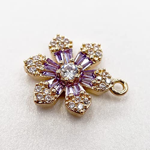 Crystal Zirconia Gold Plated Brass Charms for Jewelry Making Bracelet Necklace Earring Pendant Craft Supplies DIY Accessories - color: FlowerB-Purple-6Pcs