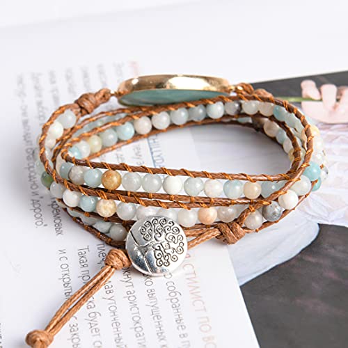 YGLINE Women Boho Handmade Natural Stone Crystal Leather Bead Wrap Bracelets Collection - color: Amazonite-3w