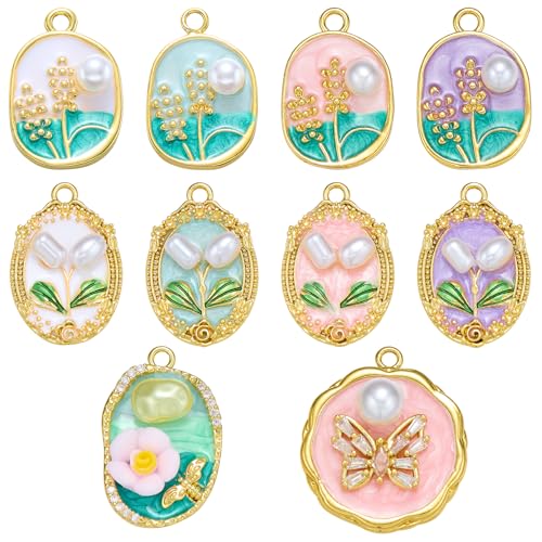 Flower Charms 18K Gold Plated Brass Enamel Charms Vintage Floral Pendants for Bracelet Earring Necklace - color: Mix Styles B