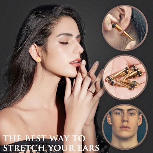 Longbeauty 14G-00G 36pcs Ear Gauges Stretching Kit Surgical Steel Tapers for Ears Gauge Starter Kits Single Flat Top Gauges Plugs for Women Men - color: Rosegold