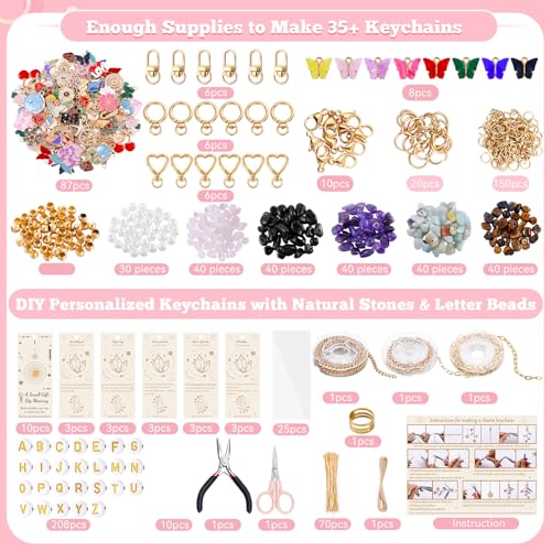 TOHONGADON 907 Pcs Lip Gloss Charms, Keychain Making Kit, Bag Charm Kit with 5 Kinds of Crystal Stones, 343 Charms, 24 Keychain Clips, Key Ring Jewelry Plier, Extender Chain for DIY Crafting - color: 907 Pcs Keychain