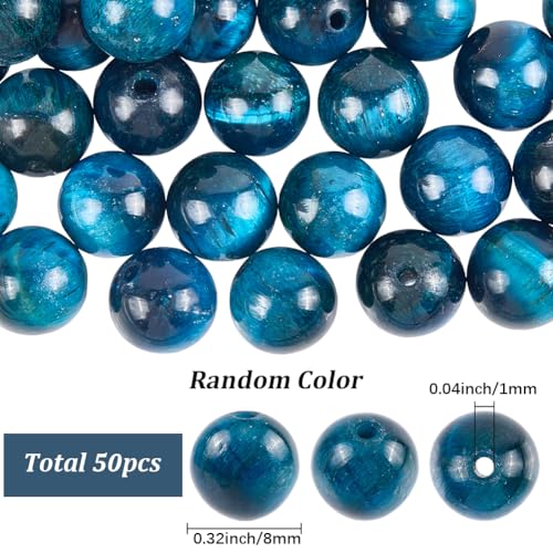1 Box 50Pcs Blue Tiger Eye Beads Natural Agate Beads Loose Bulk Round Gemstone Dark Blue Black Polished Spacers for Jewelry Making Findings Bracelets Necklace Earrings DIY Crafts Beginners