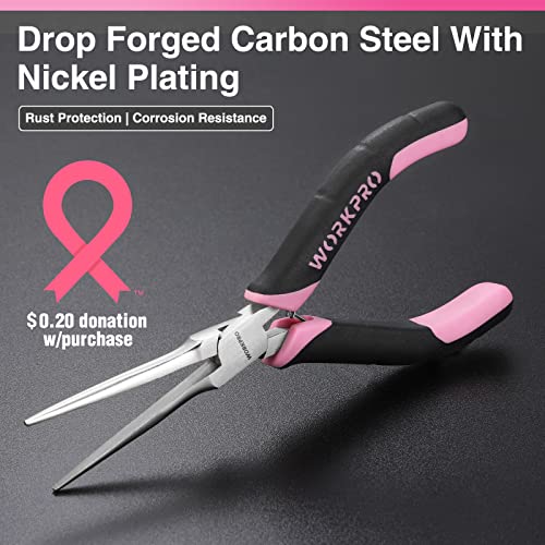 WORKPRO 6-Piece Mini Pliers Set, Needle Nose, Long Nose, Bent Nose, Diagonal, End Cutting and Linesman, for Crafts Work, Electronic Repair, with Pouch - Pink Ribbon - color: Pink