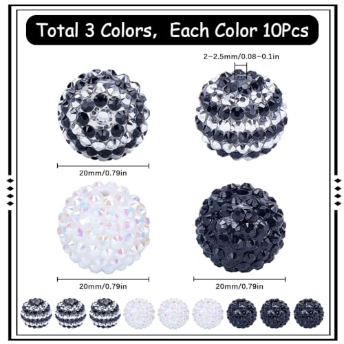 SUNNYCLUE 30Pcs Bubblegum Beads 20mm Rhinestone Beads Bulk Large Opaque Black White Resin Chunky Round Shiny Plastic Beaded Disco Ball Bubble Chunk Spacers for Jewelry Making Kits Beadable Pens - color: 30pcs 20mm Black White Rhinestone Beads