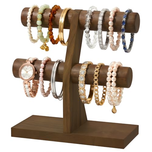 MODOWEY Bracelet Holder Organizer Display Stand, 2 Tier Wooden T Bar Bangle Rack for Dresser, Small Jewelry Hanger with Rod for Vendor Selling, Desktop Vertical Jewellery Tree for Home Business, Brown - color: Brown