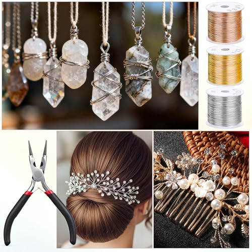 3 Rolls 20 Gauge Wire for Jewelry Making with Pliers, Tarnish Resistant Copper Beading Wire, Bendable Metal Wires for Crafts, DIY Craft Making, 22m per Roll, Gold/Silver/KC Gold