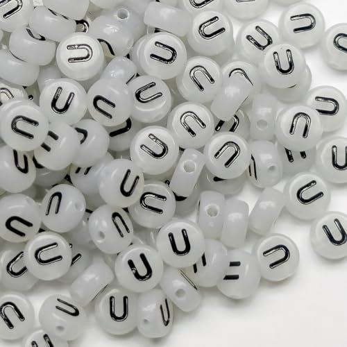 200PCS Letter Beads Glow in The Dark 4x7mm Acrylic Alphabet Vowel Letter U Beads for Jewelry Making Bracelet - color: U-200PCS