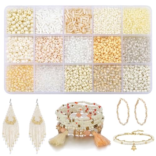 15 Color 4mm Small Assorted Glass Seed Beads,3mm Bugle Beads Friendship Bracelet Kit,2mm Tiny Tube Bead for Jewelry Making(White) - color: Off-white