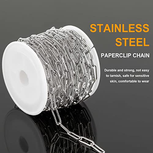 16.4 Feet Silver Stainless Steel Chain Bulk Embossed Paperclip Chain for Jewelry Making Soldered Oval Necklace Chain Roll with Lobster Clasps and Jump Rings Jewelry Supplies DIY Craft - color: Embossed Paperclip Silver