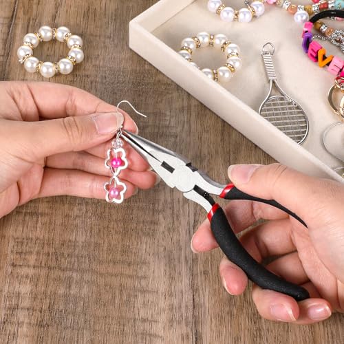Dimeho 8 PCS Needle Nose Pliers, 5 Inch Long Nose Pliers Set Carbon Steel Serrated Jaw Plier for Wire Bending Cutting Jewelry Making Electronics Repair Object Grasping