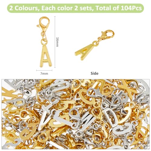 SUPERFINDINGS 104Pcs 2 Colors A-Z Alphabet Letter Charms Initial Letter Charm with Lobster Clasp Alloy Uppercase Letters Pendants for DIY Keychain Chain Bracelets Jewelry Making Craft (Pack of 2) - size: 30mm (Pack of 2)