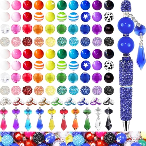 315Pcs 20mm Beads for Pens Making with Rondelle Spacer Beads Mixed Acrylic Focal Bubblegum Bead Crystal Round Sparkly Chunky Bead for Pens Beadable Necklace Keychain DIY Craft Jewelry Making Supplies - color: Rainbow and Pendant