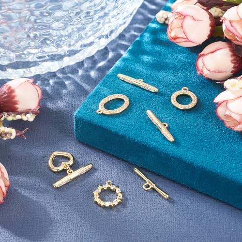 4Pcs Cubic Zirconia Toggle Clasps 18K Gold Plated Brass Toggle Jewelry Clasps IQ End Connector Oval Ring Star Heart T-Bar Closure Clasp for Bracelet Necklace Jewelry Making - color: Clear