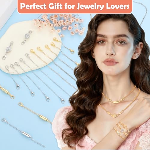 ROADPLUM 30 Pcs Magnetic Necklace Clasp & Extender Chain Set, 5 Styles Strong Magnetic Jewelry Clasp with 5 Sizes Extender for Necklaces Bracelet Connector, Easy to Use for Women, Gold & Silver - size: 30 Pcs