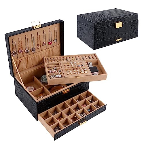 Gifturbo Jewelry Box for Women,Jewelry Boxes for Girls, 3 Layers Large Travel Jewelry Storage Organizer Box for Earring,Ring,Bracelets,Necklace - color: Black
