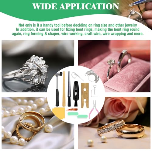 Yauhar 14Pcs Jewelry Making Tool Set Contains Flat Nose Jewelry Pliers, V-Slot Bench Pin Clamp, Wood Ring Mandrel Shaper, Rings Size Measuring Tools, Mallet Hammer, Steel Ring Sizing Gauge Sizers