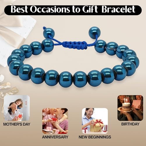 Amazing Gemstone Blue Hematite Bracelet for Women Men's Gifts - Protection Healing Crystal Bracelet - 8mm Gemstone Beaded Adjustable Bracelet Pulseras Para Hombres Mujer Stocking Stuffers - color: Blue Hematite