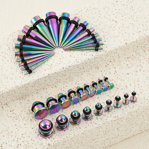 Longbeauty 14G-00G 36pcs Ear Gauges Stretching Kit Surgical Steel Tapers for Ears Gauge Starter Kits Single Flat Top Gauges Plugs for Women Men - color: Colorful