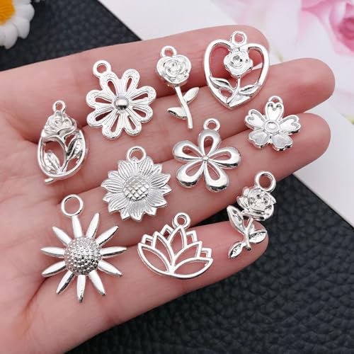 WOCRAFT 60pcs Bright Silver Flowers Bracelet Charms for Jewelry Making Sets DIY Necklace Bracelet Keychain Crafting Charms Kit Craft Supplies (SN879) - color: Bright Silver, size: Flowers Charms