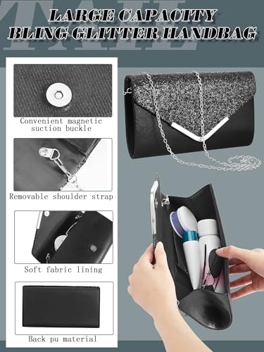 Henoyso 5 Pcs Rhinestone Jewelry Sets Prom Purse Jewelry Rhinestone Clutch Purse Bride Necklace Earrings Bracelets for Women - color: Black