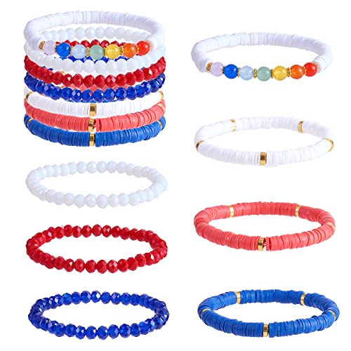 Ornaland 7Pcs Handmade Polymer Clay Heishi Surfer Stretch Bracelets Set Colorful Glass Beads Bracelets Boho Stackable Preppy Bracelets Wrist Jewelry for Women - color: blue 1