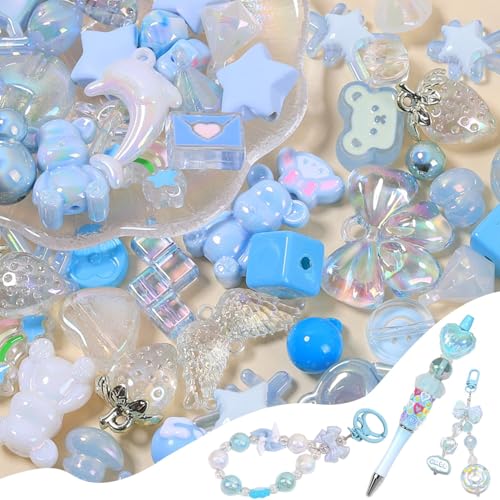 45-60PCS Large Acrylic Blue Shiny Assorted Beads for Bracelet Making UV Plating Focal Beads Round Flower Bow Bear Heart Bead Bulk for DIY Jewelry Necklace Keychain Phone Charm - color: Green